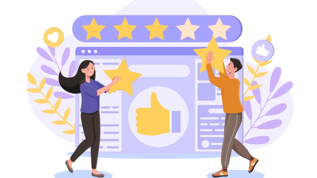 People give review rating and feedback. Flat abstract cartoon vector illustration concept. Customer choice. Know your client. Rank rating stars feedback. Business satisfaction support.