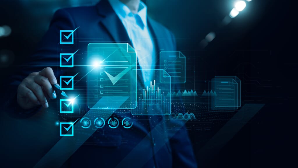 Businessman check electronic documents on digital documents and  checklist approve